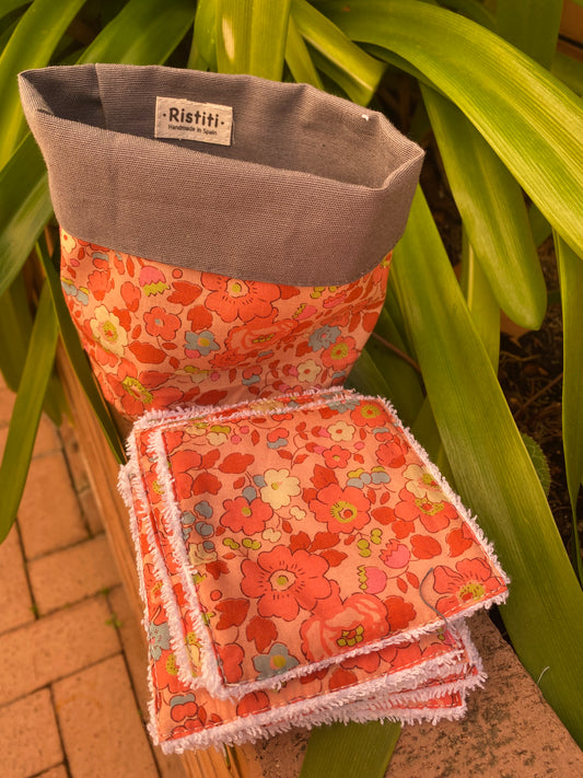 Pack Bolsita tela + lote 7 toallitas reutilizables betsy Melocoton